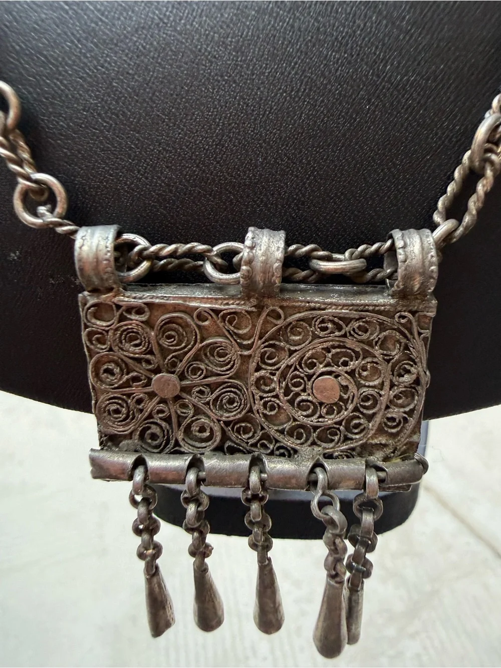 Antique Yemeni Bedouin Silver Filigree Hirz Amulet Box Pendant Necklace 24.5”